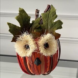Handmade Rustic Owl Fall Harvest Decor with Green Leaves